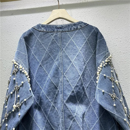 Veste en jean mi-longue à perles et diamants pour femme