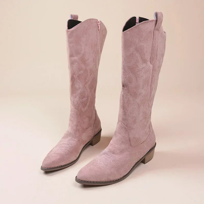 Bottes de cowboy occidentales brodées pour femmes, hautes au genou, cuir PU