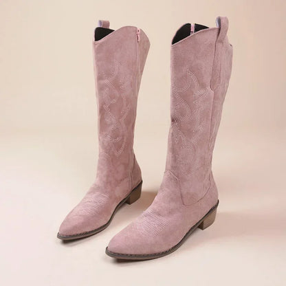 Bottes de cowboy occidentales brodées pour femmes, hautes au genou, cuir PU