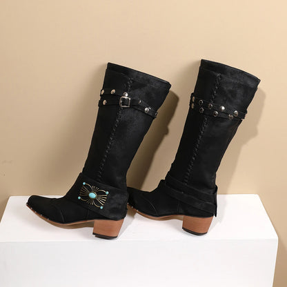 Bottes à talons épais rivet en métal style ethnique ceinture pour femmes