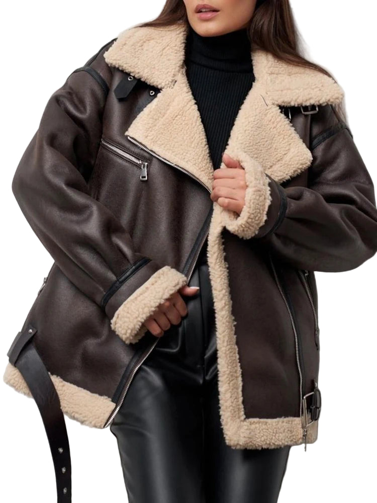 Veste en faux cuir et fourrure d'agneau pour femmes