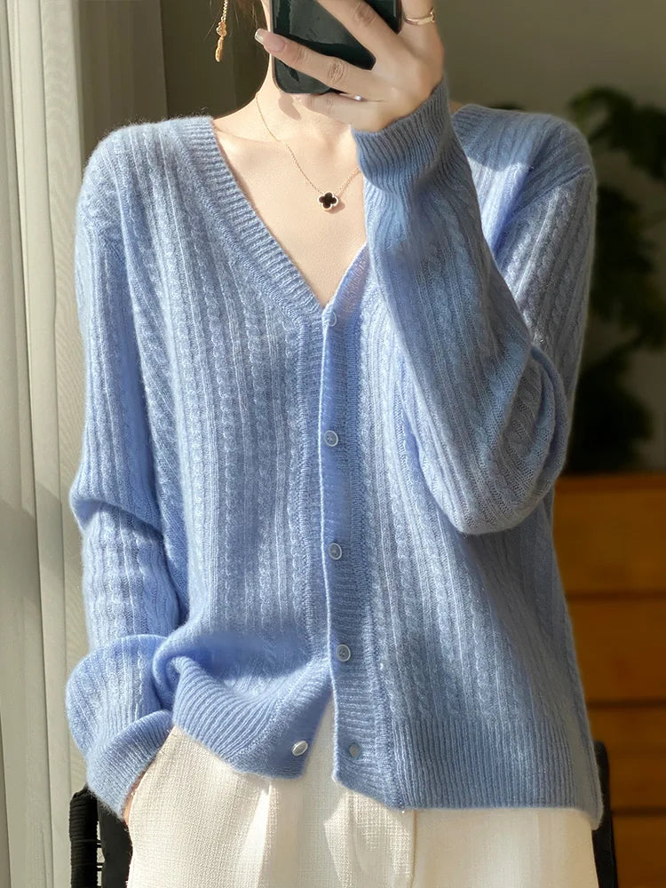 Cardigan à col en v pour femme, pull en cachemire