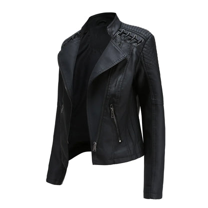 Veste de motard en cuir PU pour femme, manteau court, coupe couvertes, col montant, fermeture éclair