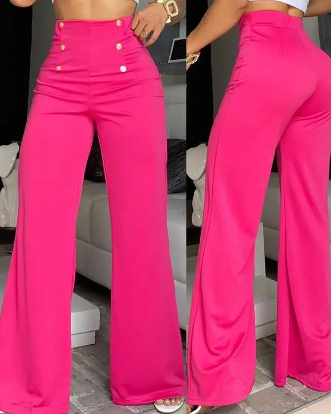 Pantalon large taille haute pour femme, pantalon décoratif avec boutons