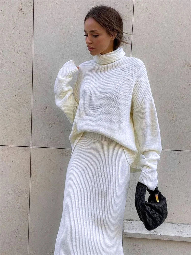 Ensemble pull et jupe mi-longue en tricot pour femme