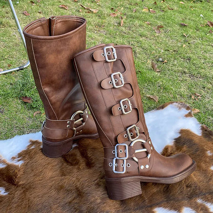 Bottes en jean rétro marron avec boucle de ceinture pour femme