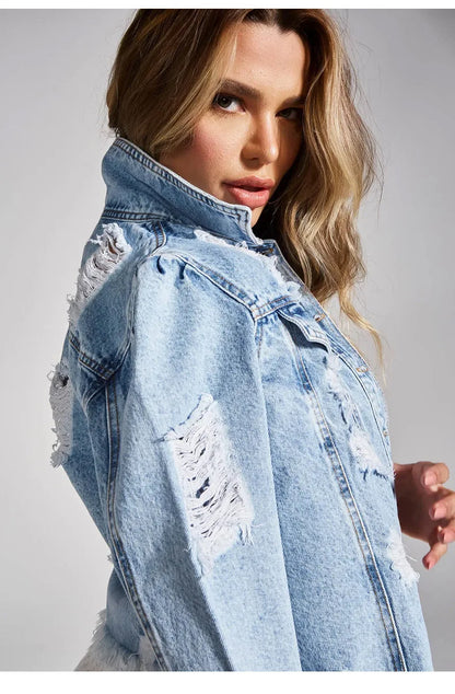 Veste en jean courte déchirée à manches longues pour femme