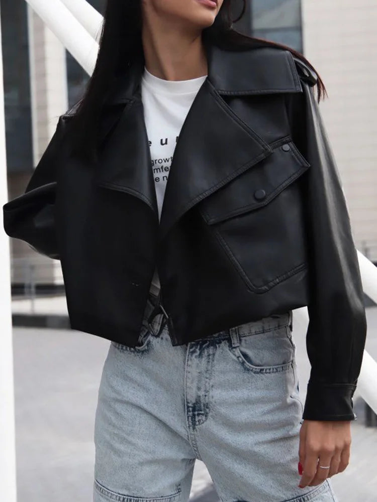 Veste courte en pu faux cuir pour femmes