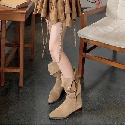 Bottes de cowboy rétro plissées au genou pour femmes, talons hauts pointus,