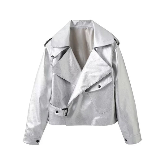 Veste à revers en cuir brillant pour femme, manches longues, bouton de poche, manteau court