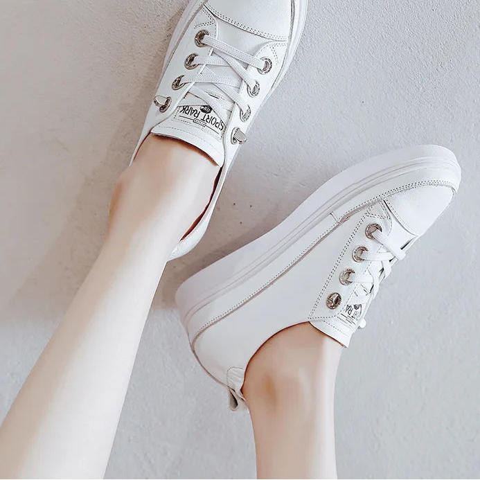 Baskets à talons compensés 5cm en cuir véritable pour femmes