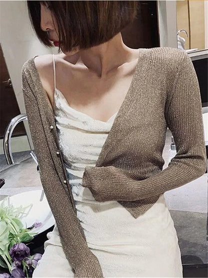 Cardigan perle bouton pour femmes brillant soie