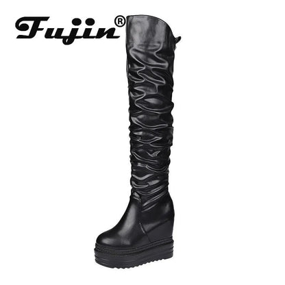 Bottes à plateforme en cuir microcarence pour femme, botte haute au genou, talon GNE, peluche 12cm