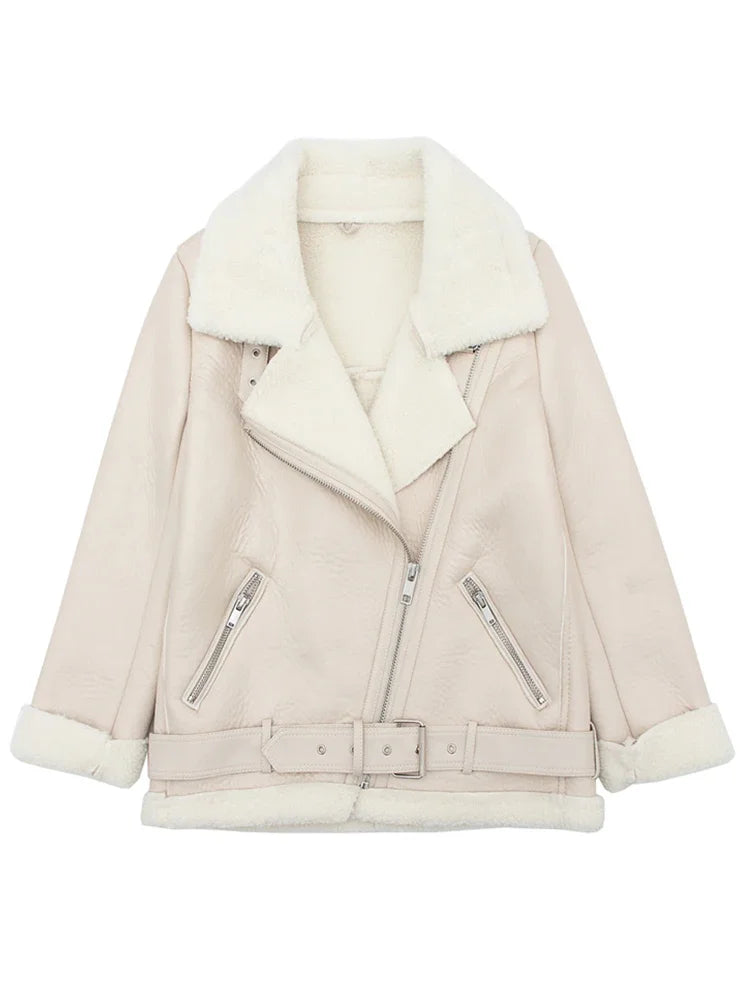 veste pour femmes fourrure d'agneau veste en Faux cuir manteau col rabattu hiver épais chaud fermeture éclair avec ceinture