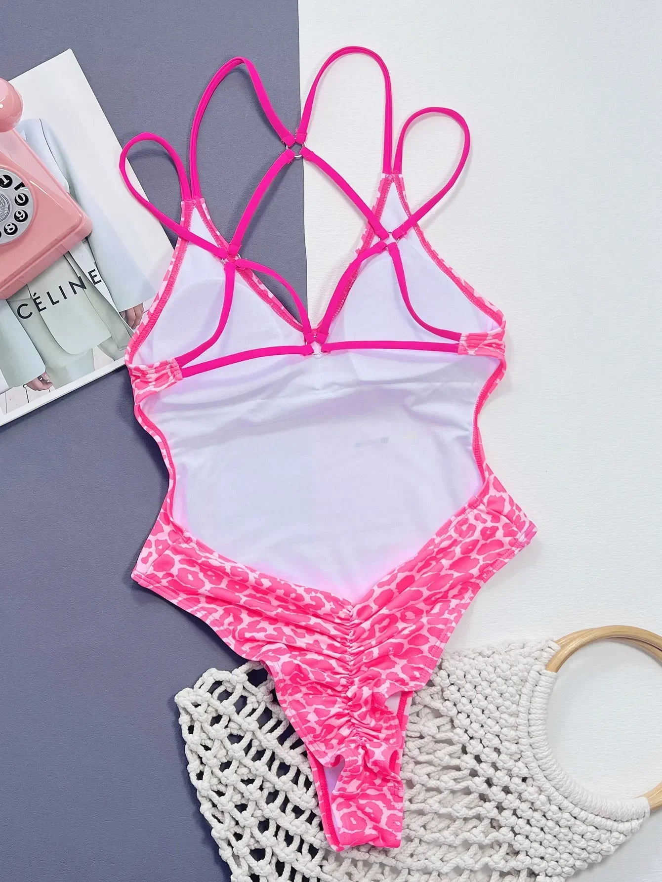 Maillot de bain une pièce imprimé léopard rose sexy pour femme