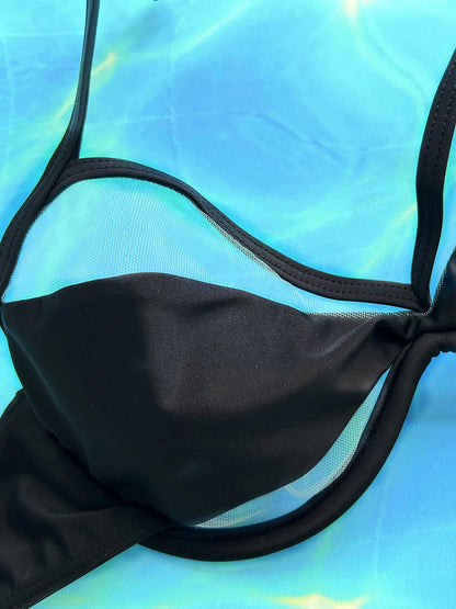 Maillot de bain deux pièces en maille transparente à armatures avec barre en V pour femmes