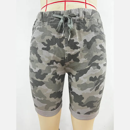 Short en jean pour femmes, taille haute, camouflage, mode décontractée, longueur aux genoux, élastique