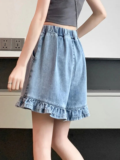 Short en jean grande taille pour femme, court taille haute à volants