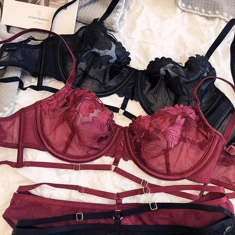 Ensemble culotte et soutien gorge à sangles en maille brodées françaises, ultra-minces pour femmes
