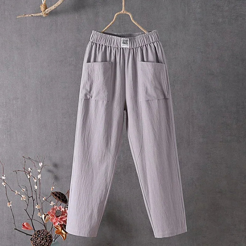 Pantalon sarouel en coton et lin, longueur cheville, Baggy d'été élastique, taille haute