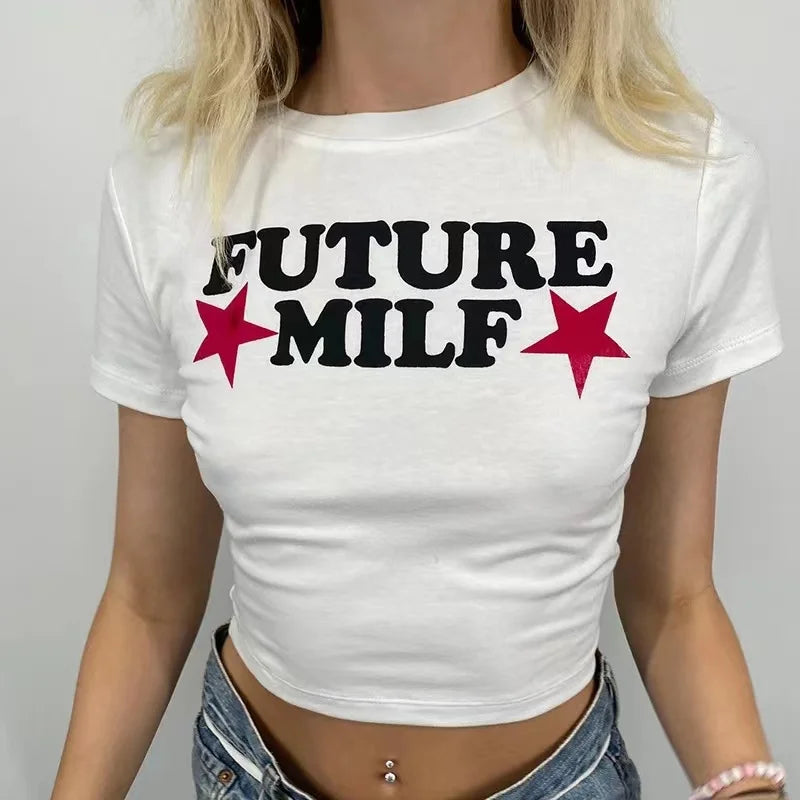 T-shirt manches courtes col rond femme, streetwear, rétro, lettre imprimée