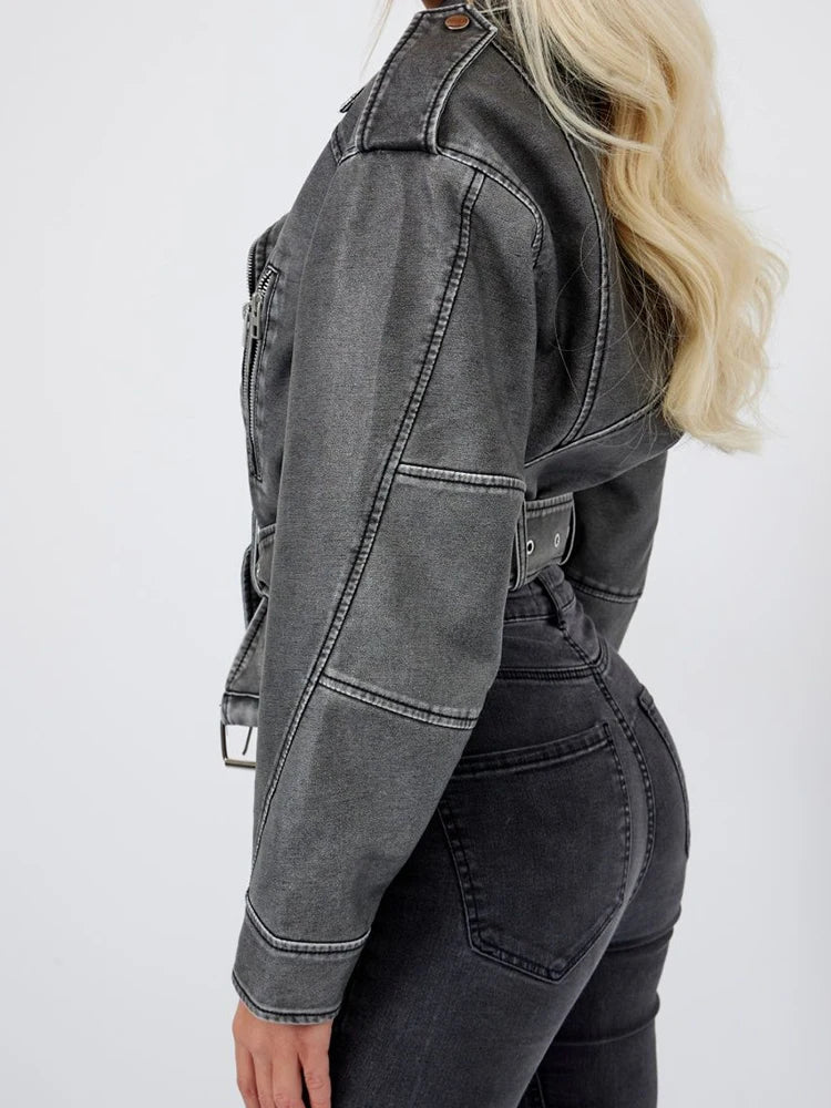 Veste en faux cuir courte avec ceinture pour femmes