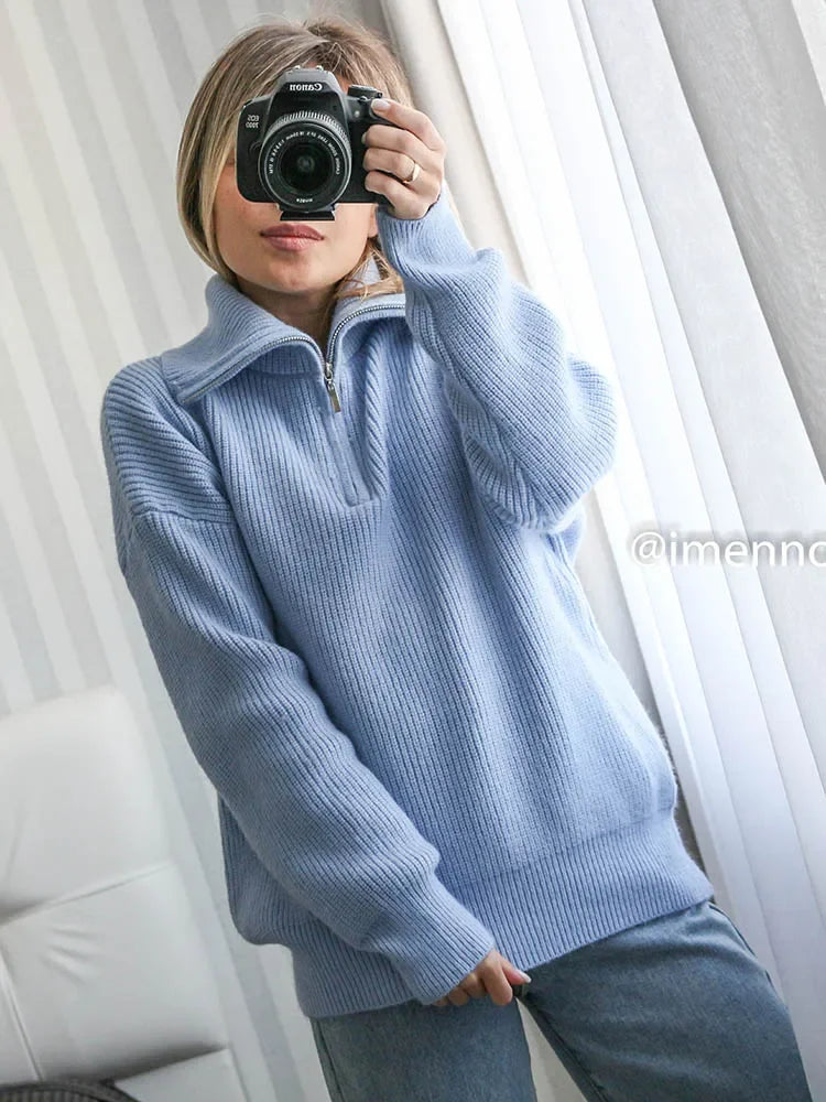 Pull tricoté à col roulé pour femmes, manches longues à fermeture éclair