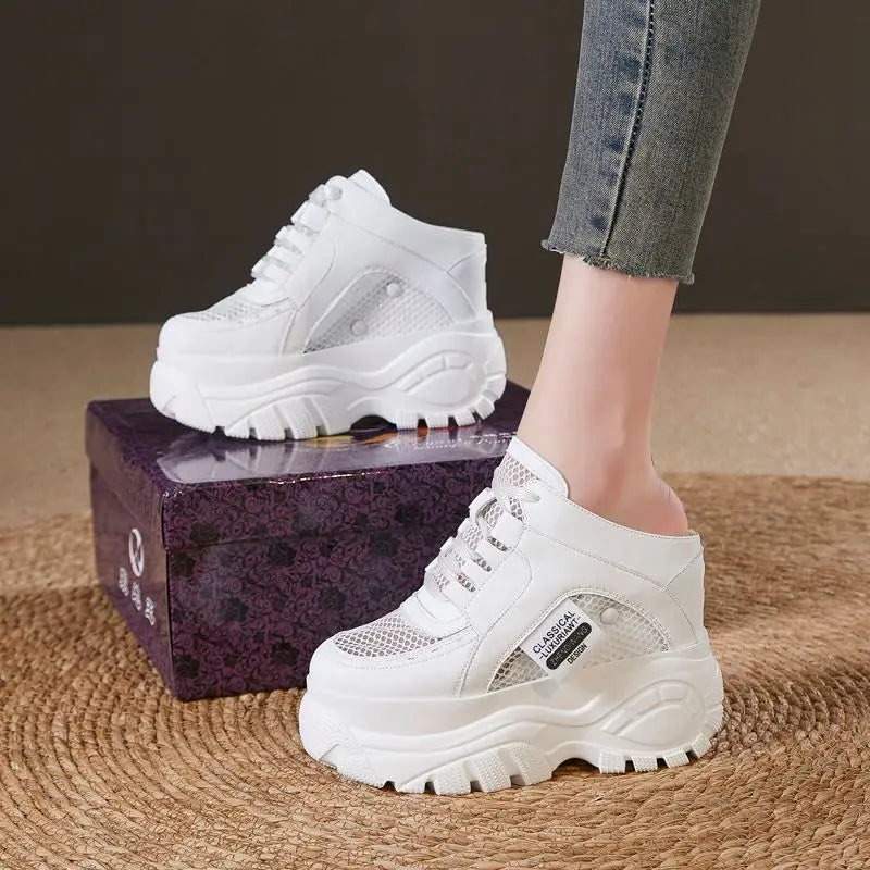 Baskets à compensée en cuir véritable pour femme