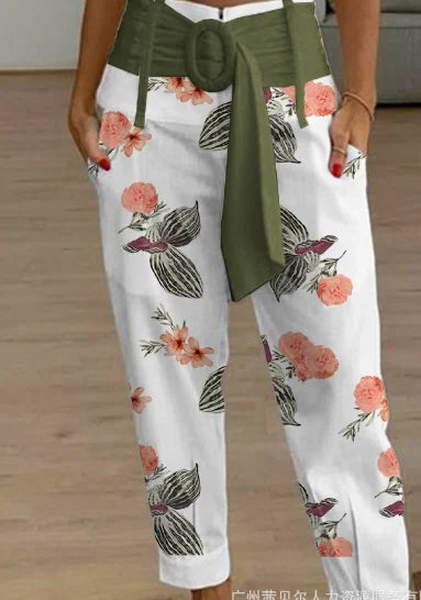 Pantalon taille haute pour femme, imprimé floral