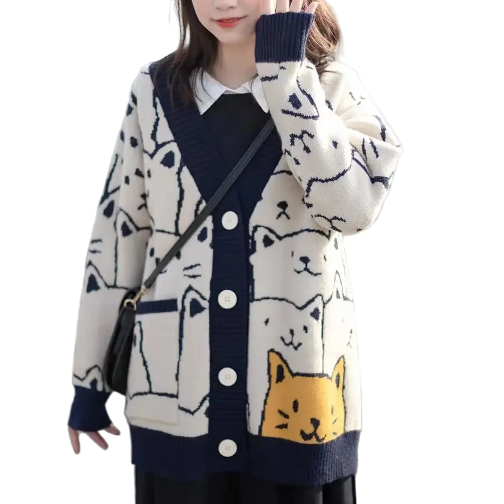 Manteau pull épais en tricot ample à motifs de chat pour femmes