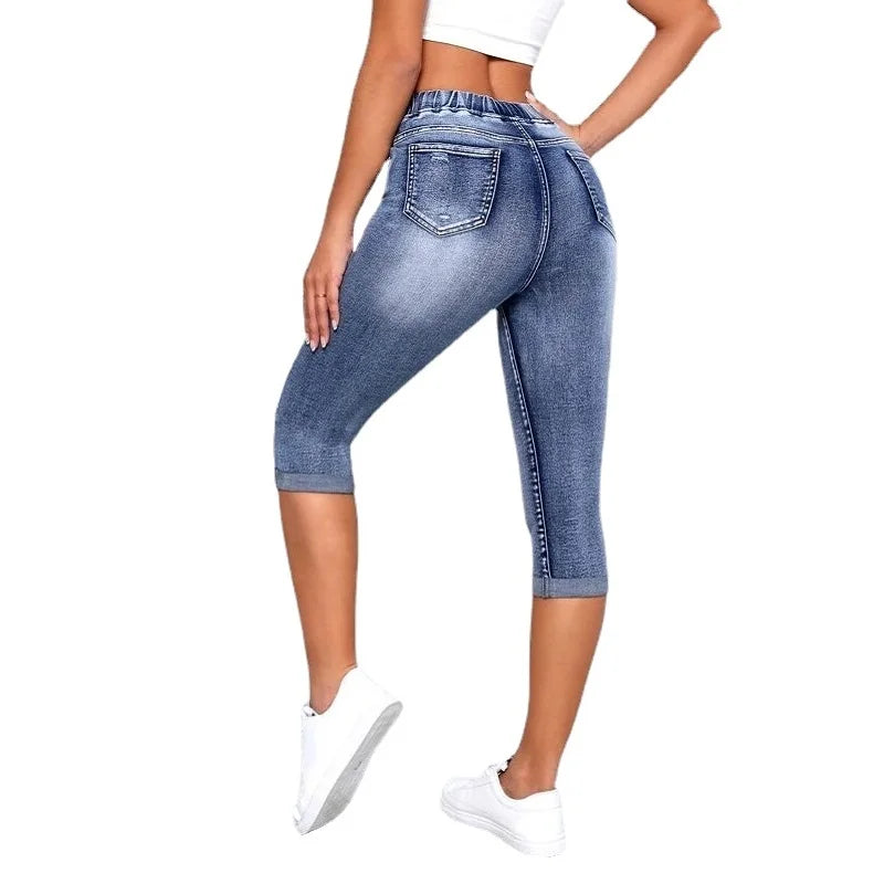 Short en jean pour femme avec cordon de serrage, taille haute, extensible, longueur genou, déchiré