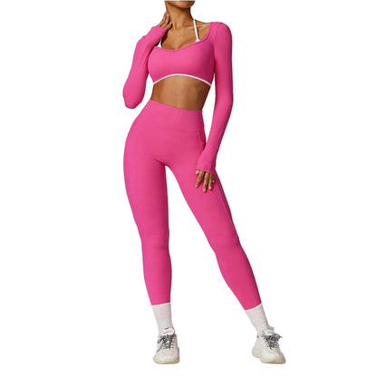 Ensemble Yoga 2 pièces à manches longues soutien-gorge de gymnastique taille haute Leggings Fitness pour femmes