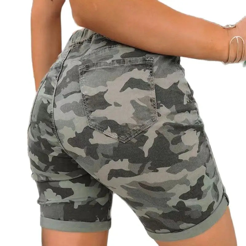 Short en jean pour femmes, taille haute, camouflage, mode décontractée, longueur aux genoux, élastique