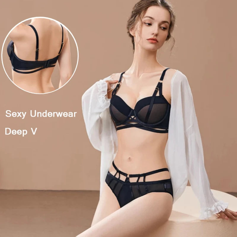 Ensemble de soutien-gorge push-up à bretelles croisées pour femmes, sous-vêtements évidés, dentelle douce, armatures