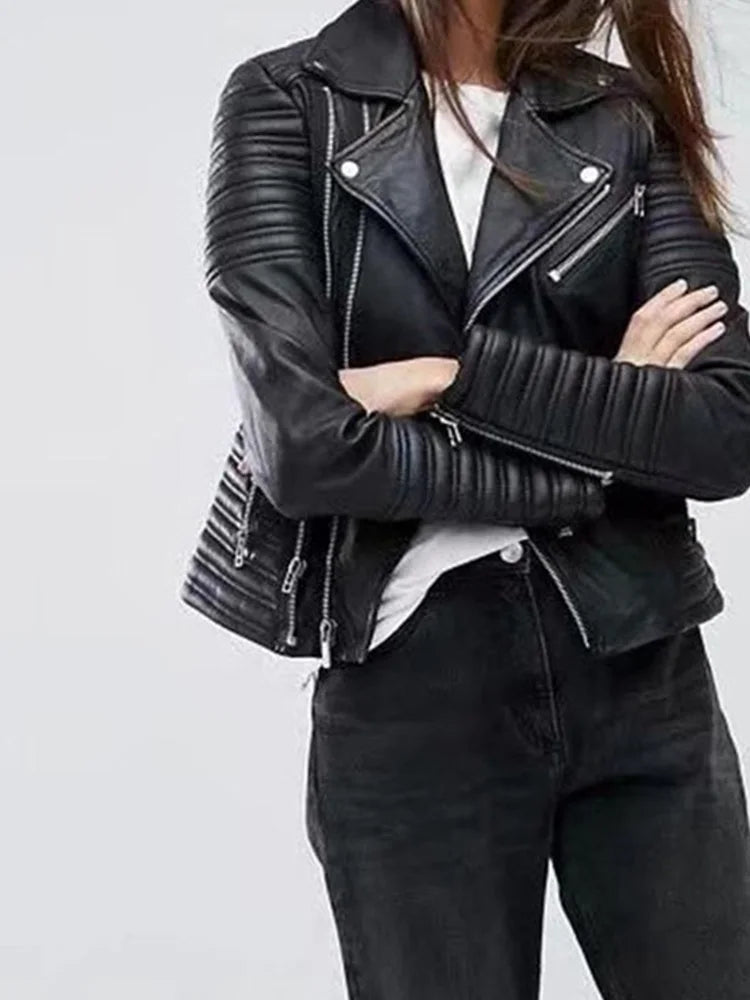 Veste en simili cuir pour femmes col rabattu