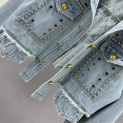 Veste en jean vintage à rivets bleus et diamants avec grande poche pour femme