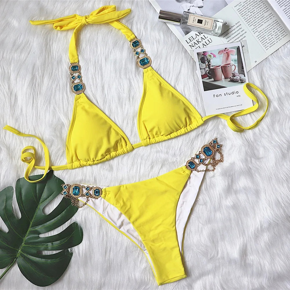 Maillot de bain deux pièces imprimé léopard pour femme, bikini sexy en cristal et biscuits