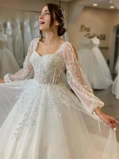 Robes de mariée en dentelle simple, appliques en tulle à manches longues, robe longueur au sol