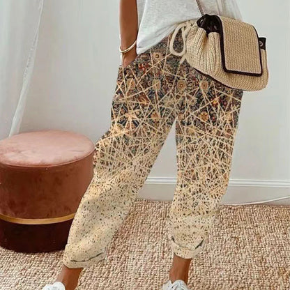 Pantalon Vintage imprimé Floral pour femmes, ample, longueur cheville, poches en coton et lin