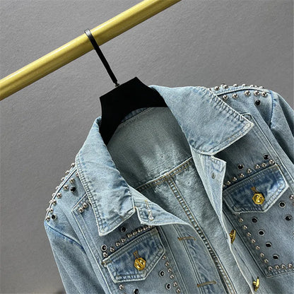 Veste en jean vintage à rivets bleus et diamants avec grande poche pour femme