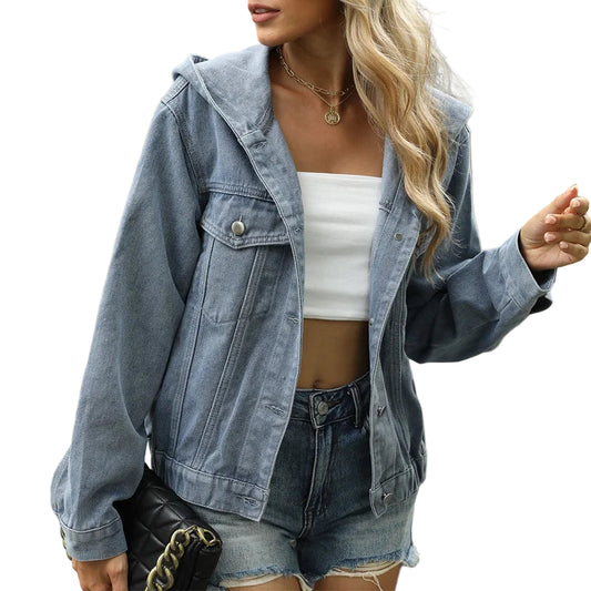 Veste en jean délavée à capuche vintage pour femmes