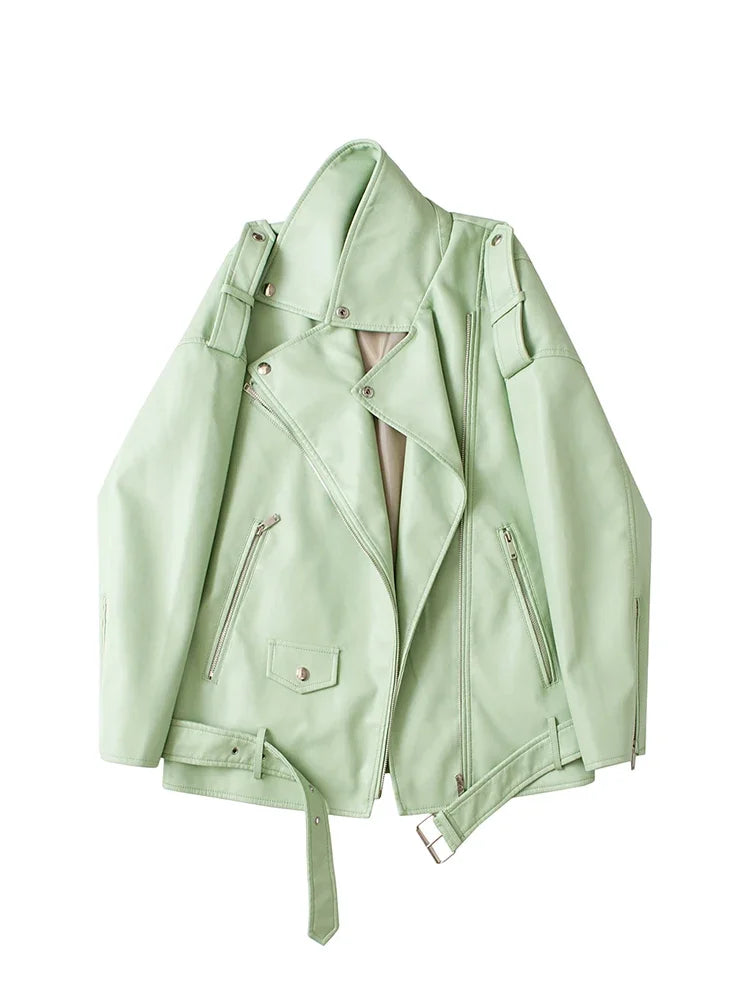 Veste avec ceinture ample fermeture éclair en Faux cuir pour femmes