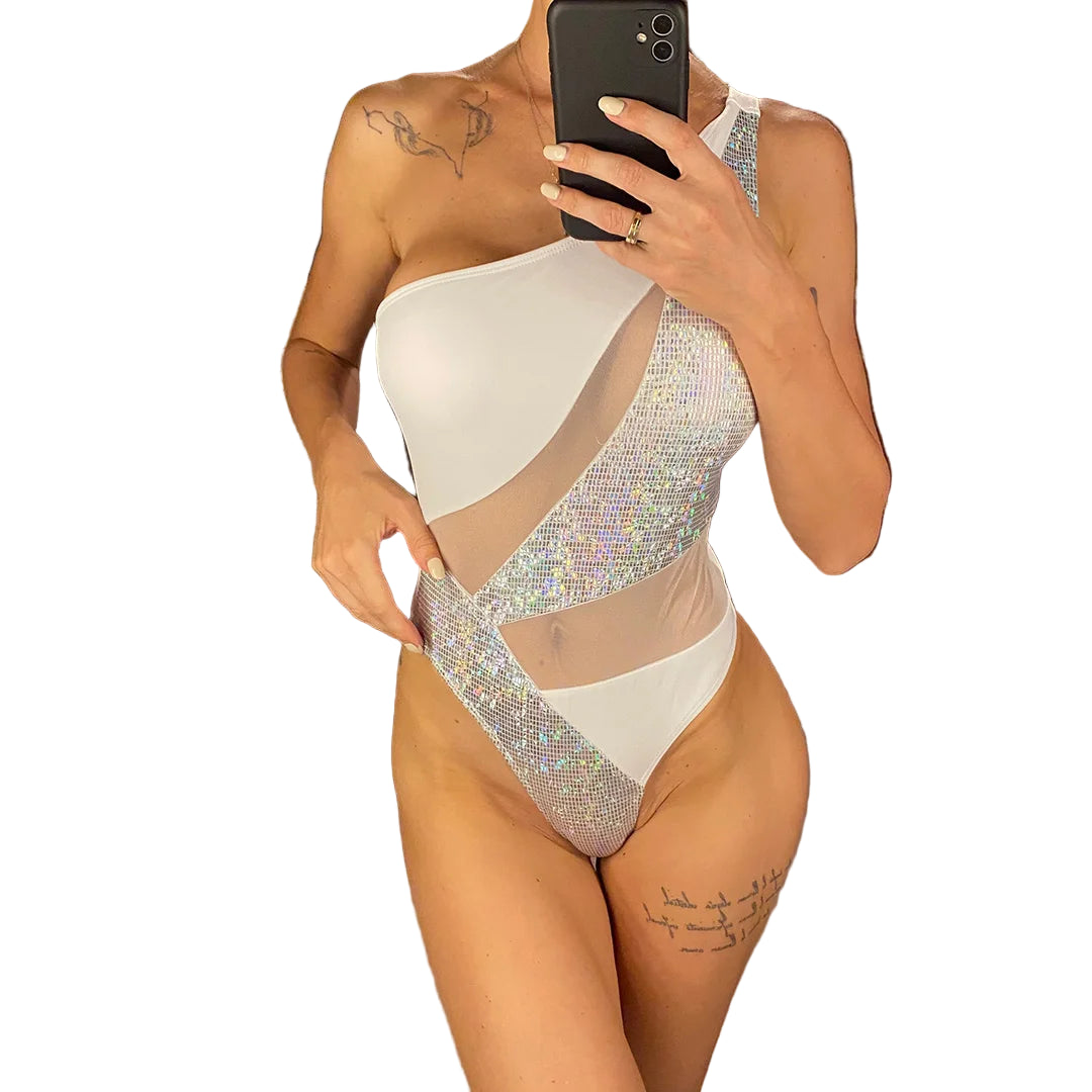 Maillot de bain une pièce à paillettes brillantes et asymétriques pour femmes