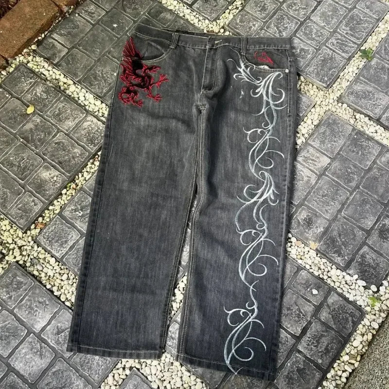 Jean Baggy brodé noir, Vintage pour femmes