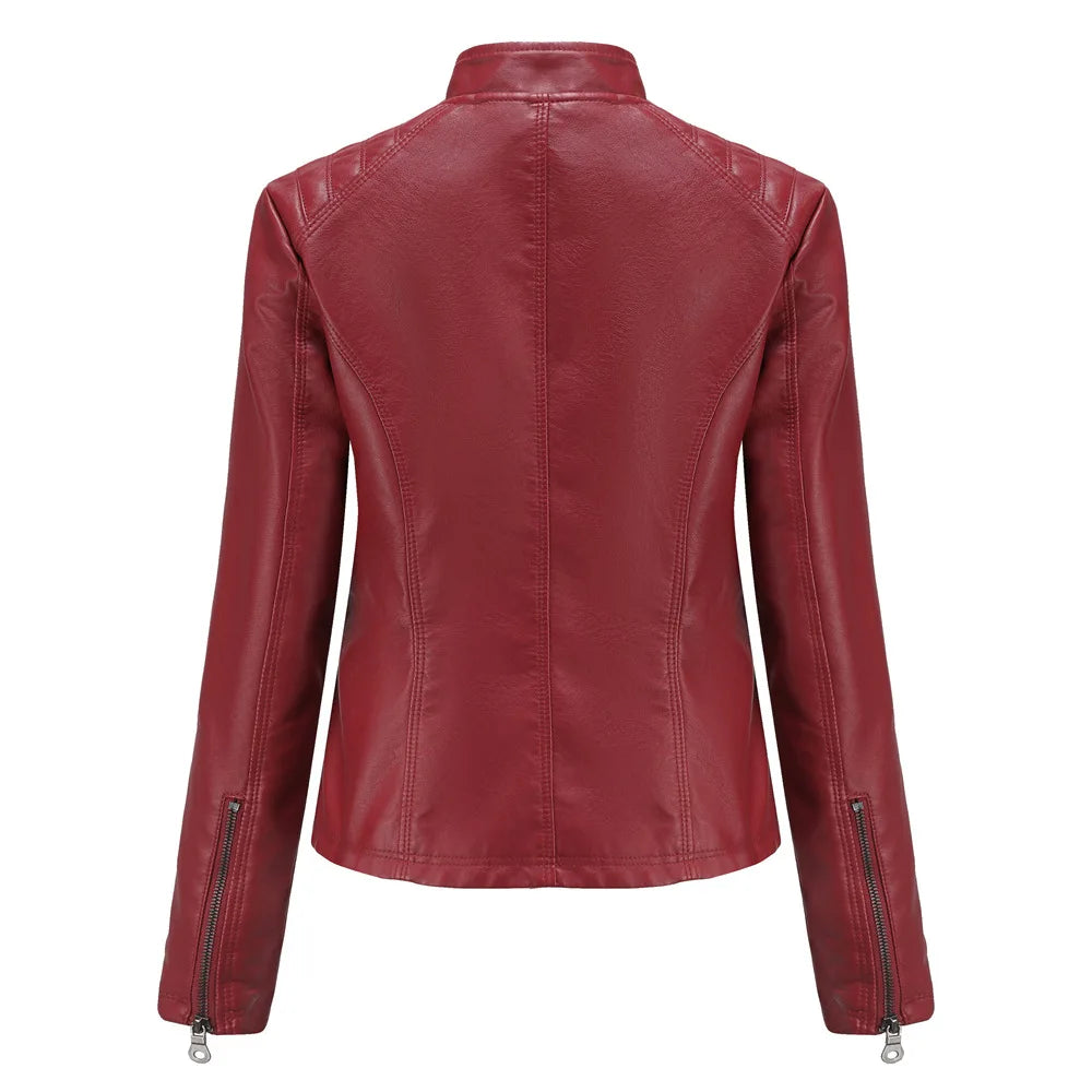 Blouson en cuir PU femme, décontracté, col montant