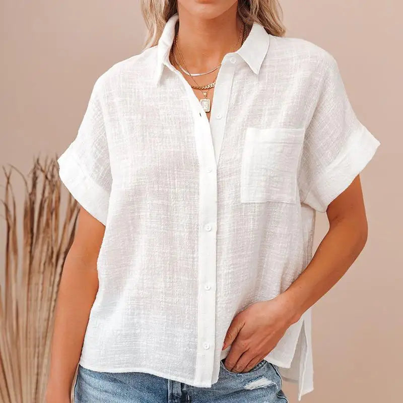 Haut d'été décontracté en coton et lin, chemise ample à manches courtes, de style rétro