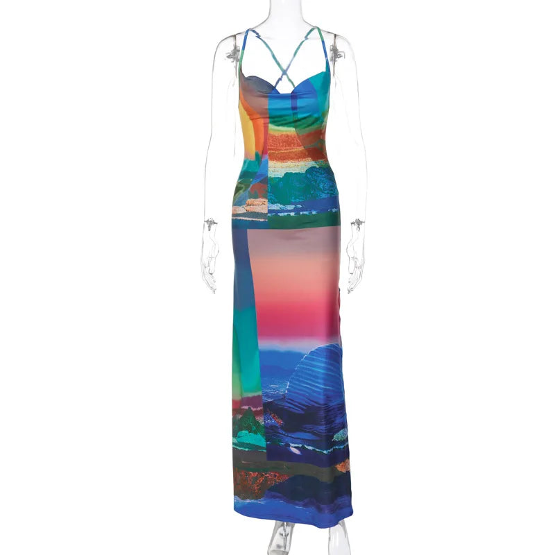 Robe Maxi imprimée de paysages colorés, dos nu, élégante, Sexy, Slim, pour femmes