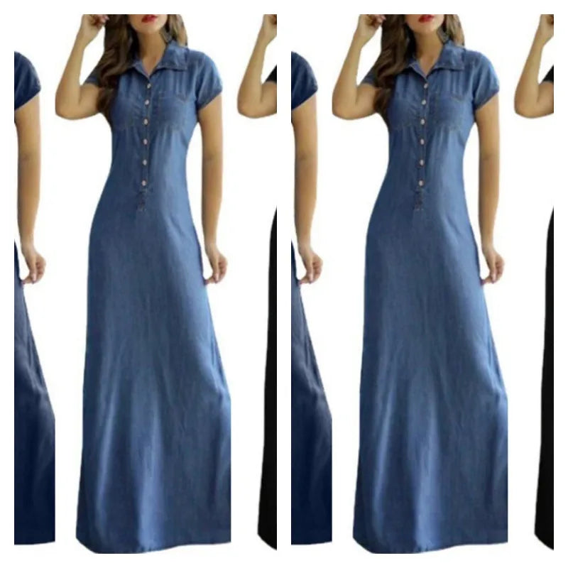 Robe Longue en jean avec Col Chemise et Poches Fendues