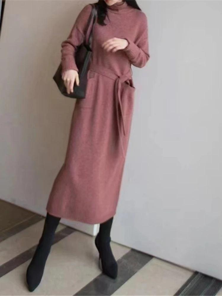 Robe à col roulé pour femme, pull tricoté