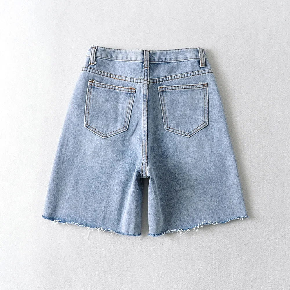 Short en jean taille haute à jambes larges pour femme, avec pompon